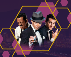 Three people dressed in formal attire, including tuxedos and a fedora, holding a drink and a microphone, with a geometric hexagon design and cityscape background.